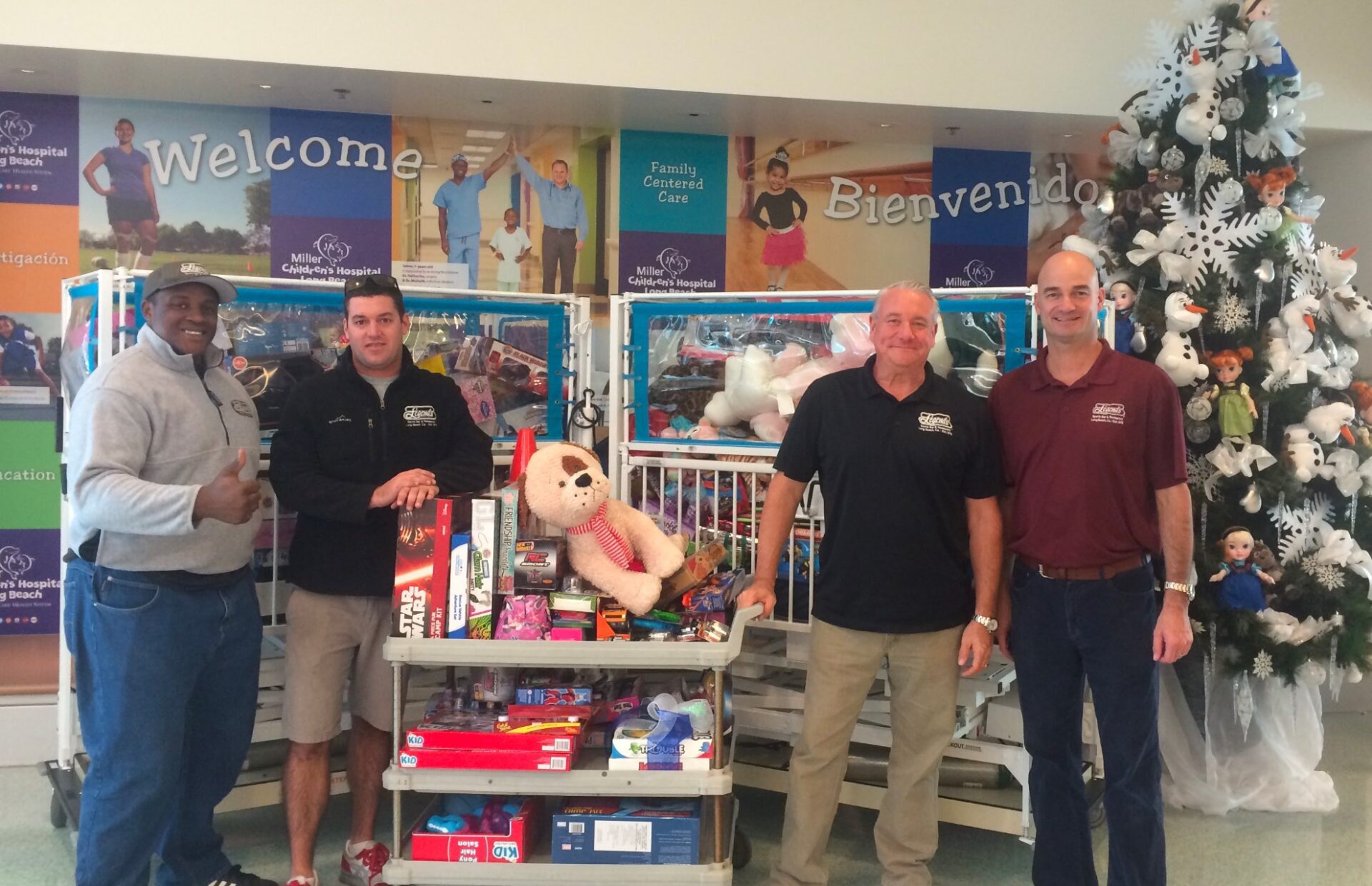 The Legends Sports Bar owners and community supports are seen here delivering all of the toys for childrens at Memorial Hospital in Long Beach, CA